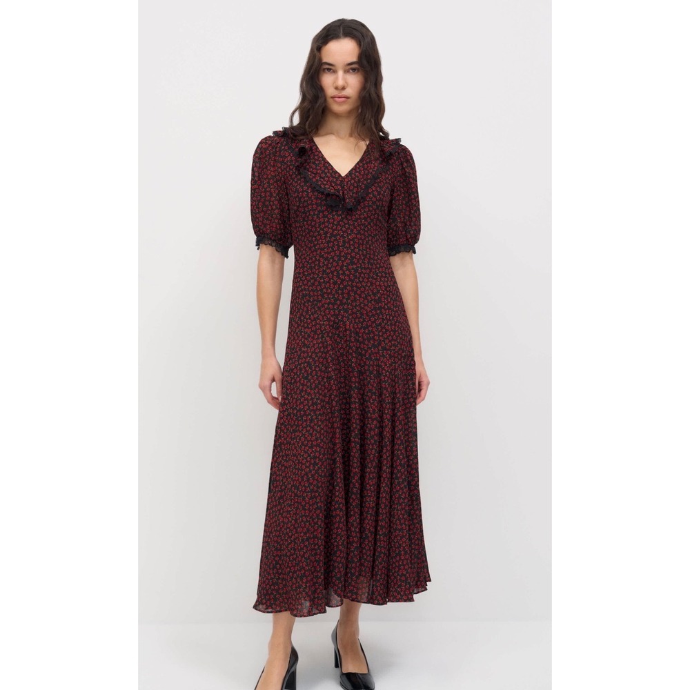 Reformation Evra Red Floral Lace Trim Open Back Dress Black Puff Sleeve - 4